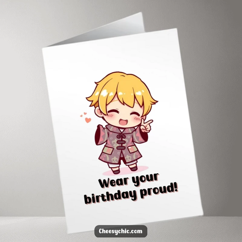 Funny free printable birthday card shows a stylized character pointing excitedly at their own outrageously patterned outfit.