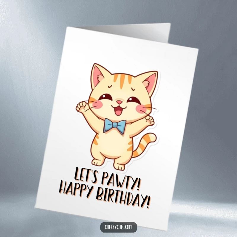 Funny Free Printable Birthday Card: Cat in a bow tie doing a silly dance, ready for a birthday party.