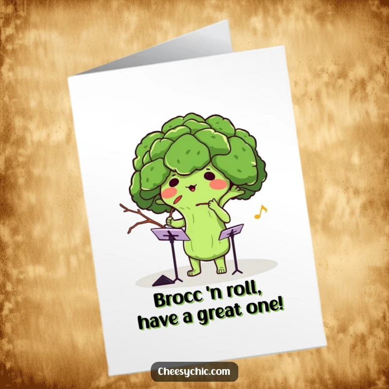 Funny Free Printable Birthday Card: Adorable broccoli energetically conducting an unseen orchestra with a twig baton.