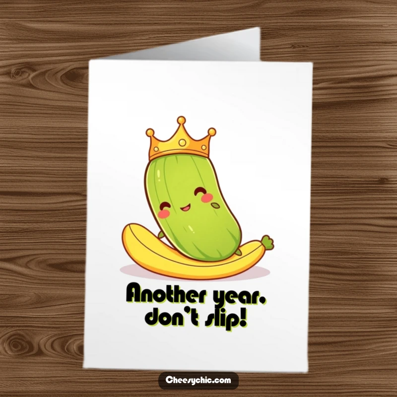 Funny Free Printable Birthday Card: Cartoon pickle with crown comically slips on banana peel, spreading birthday cheer.