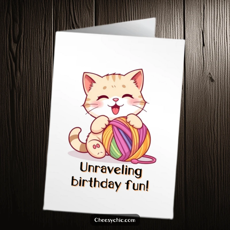 Funny Free Printable Birthday Card: Cat happily batting a colorful ball of yarn, full of playful birthday energy.