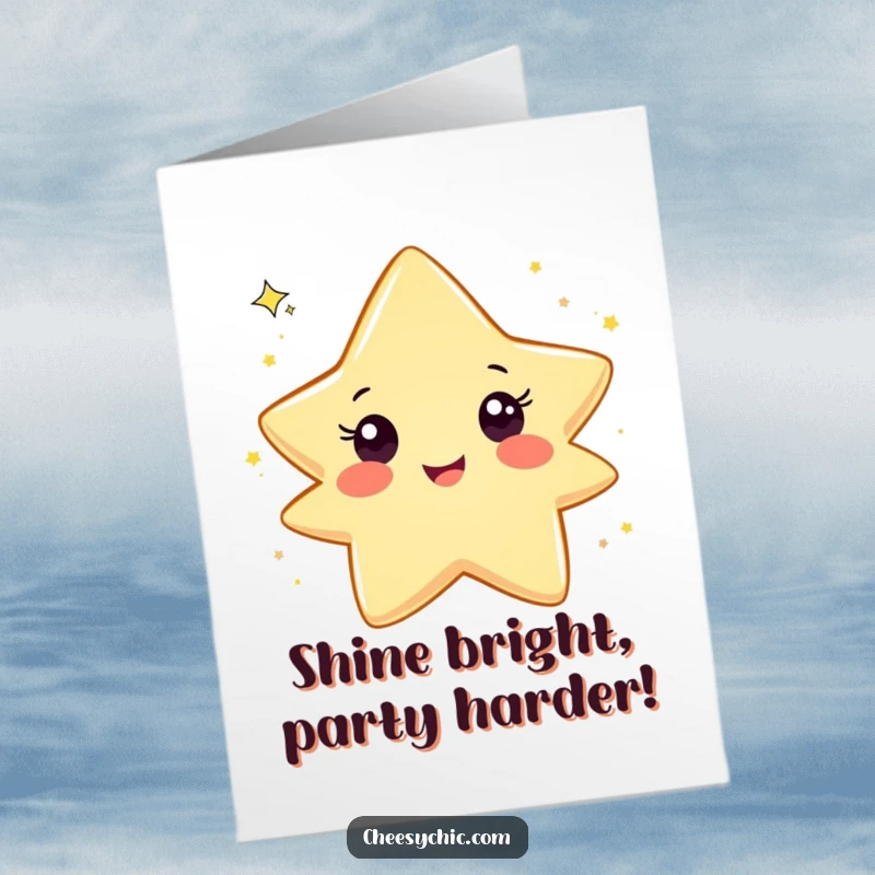 Funny Free Printable Birthday Card: Smiling star character gleefully tossing a cascade of sparkling glitter for a festive celebration.