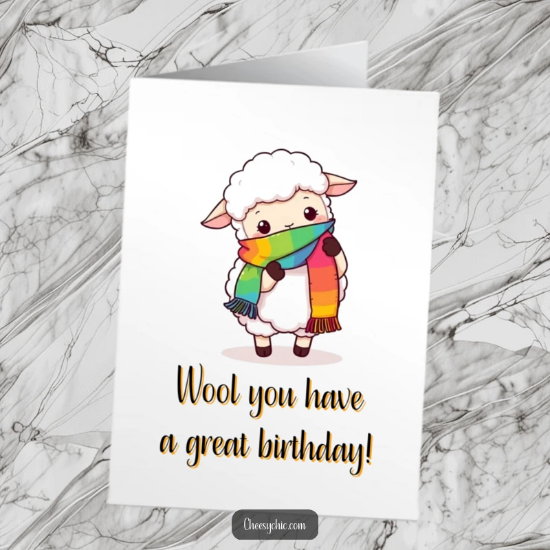 Funny Free Printable Birthday Card: Fluffy sheep hilariously tries to knit a rainbow scarf with its clumsy hooves.