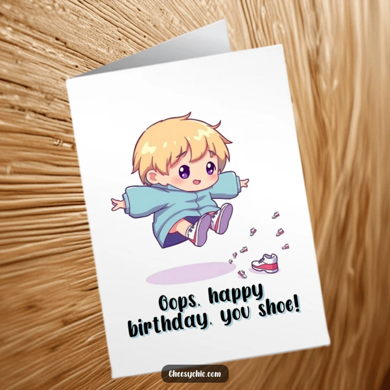 Funny free printable birthday card featuring a character playfully tripping, showering in tiny shiny shoes.