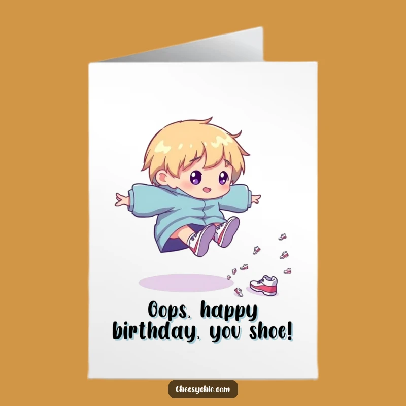 Funny Free Printable Birthday Card: Tripping Shoe Character Downloadable Gift