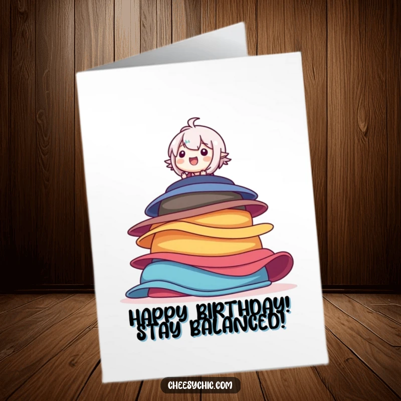Funny Free Printable Birthday Card: Character balancing precariously on colorful hats, looking absolutely delighted.
