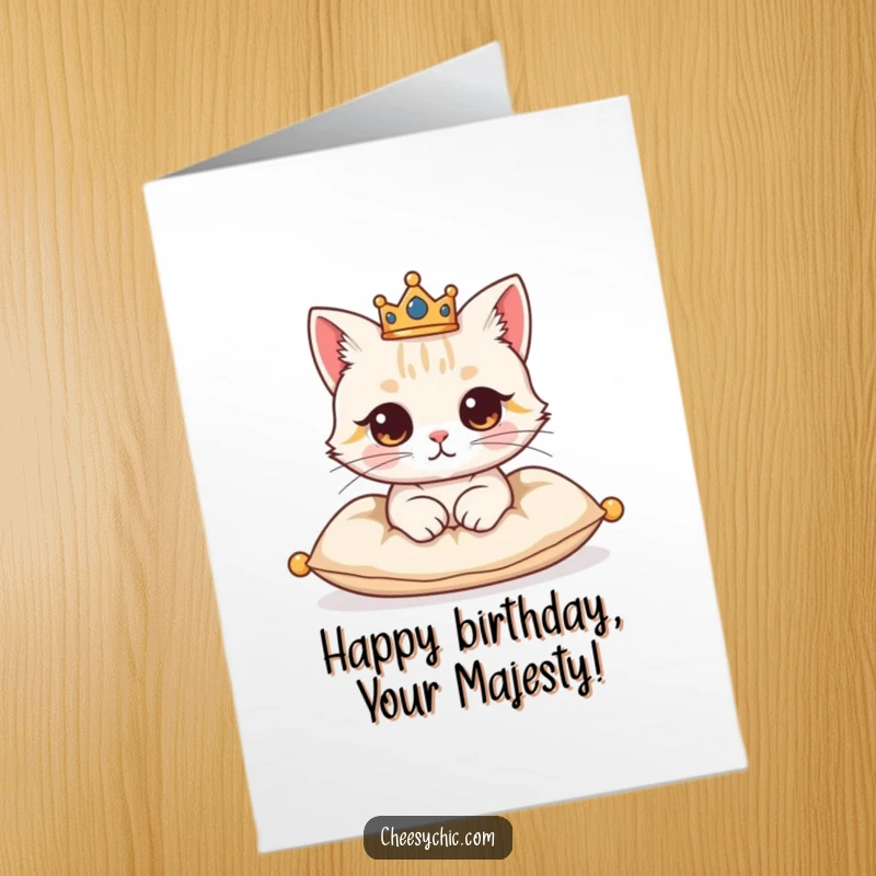 Funny Free Printable Birthday Card: Cat in a crown sits regally on a cushion, exuding royal birthday charm.