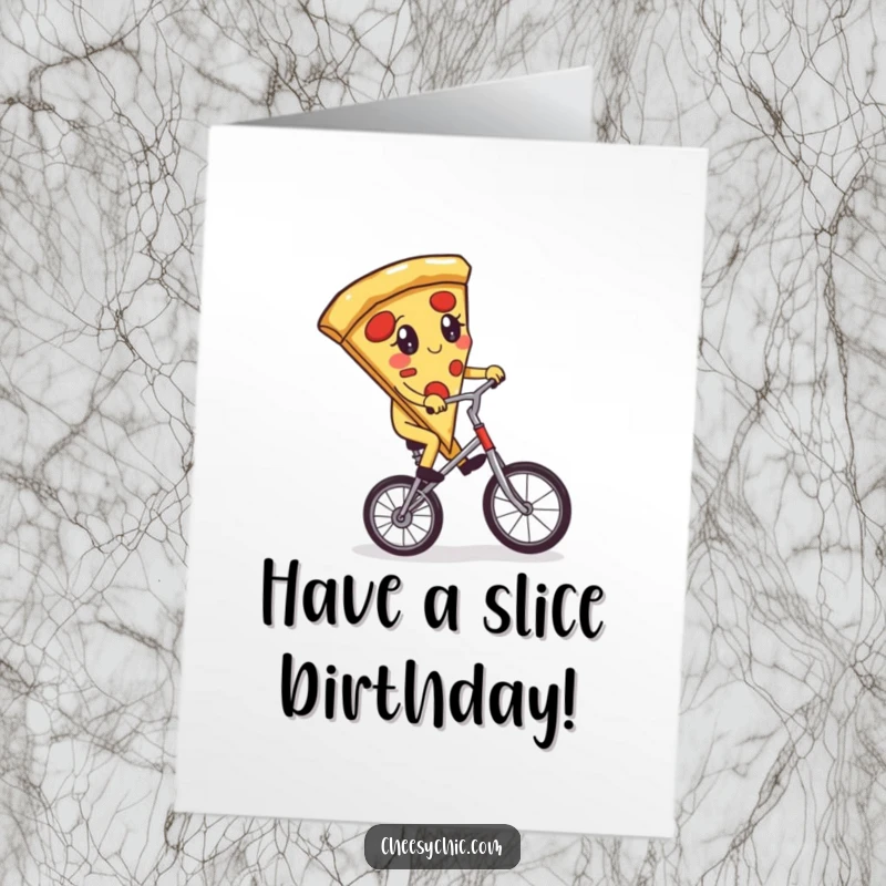 Funny Free Printable Birthday Card: Adorable pizza slice attempts to ride a unicycle with great concentration, celebrating birthday.