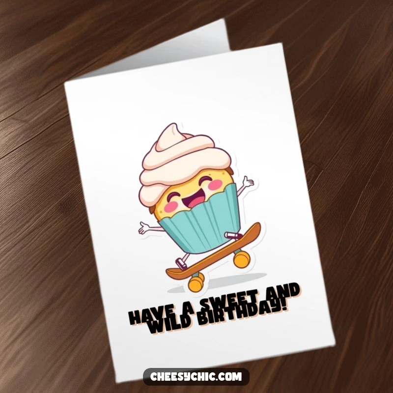 Funny Free Printable Birthday Card: A cupcake humorously tumbling off a tiny skateboard mid-ride.