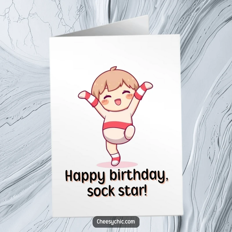 Funny free printable birthday card, character with mismatched socks gleefully attempting a cartwheel, pure joy.