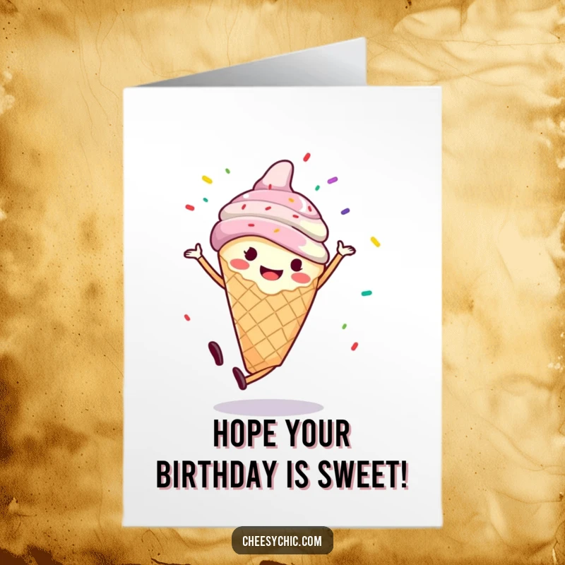 Funny Free Printable Birthday Card: Smiling ice cream cone performs a cartwheel with sprinkles flying, radiating birthday fun.