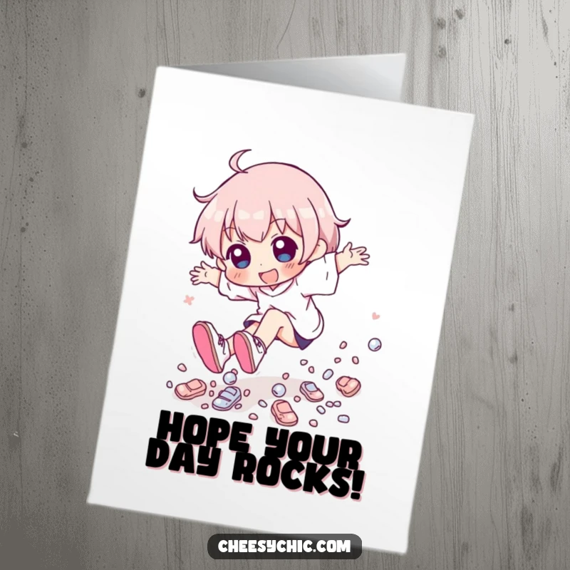 Funny Free Printable Birthday Card: Playful character tripping, scattering tiny, shiny shoes everywhere.