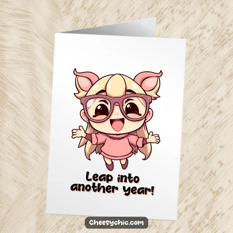 Funny Free Printable Birthday Card: Character with Oversized Flamboyant Glasses Leaping with Joy