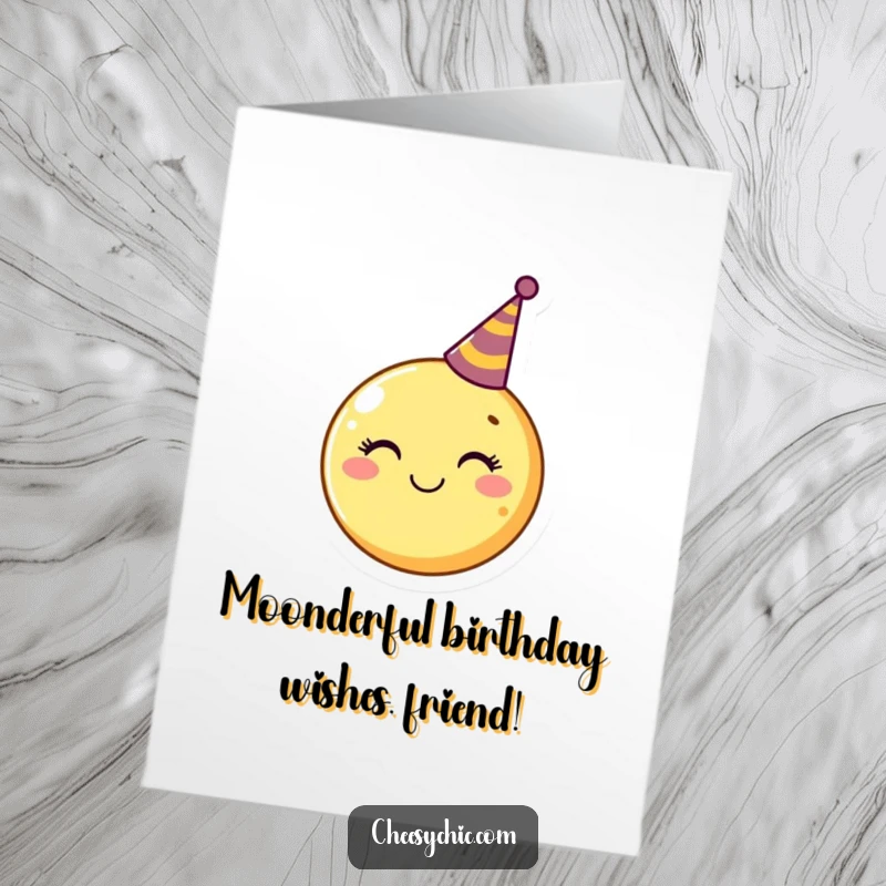 Funny free printable birthday card: Smiling moon wearing a tiny party hat ready to celebrate with friends.