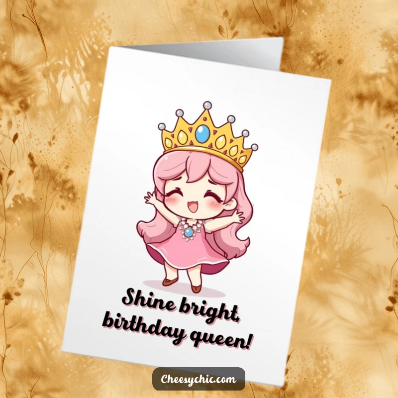 Funny Free Printable Birthday Card: Character in a large sequined tiara doing a joyful little dance.