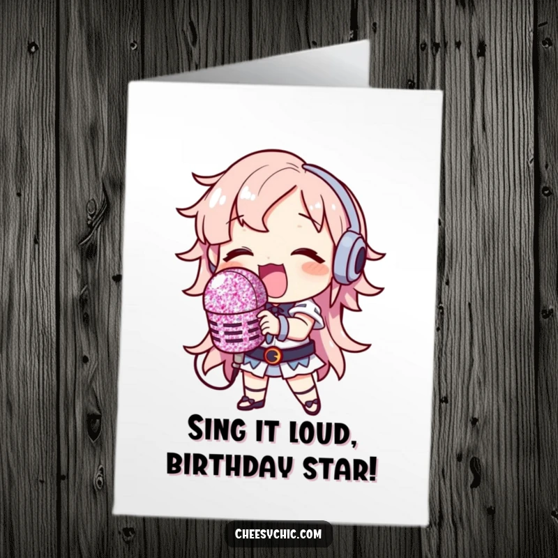 Funny free printable birthday card, a character belting tunes with a huge glitter microphone, pure performance.