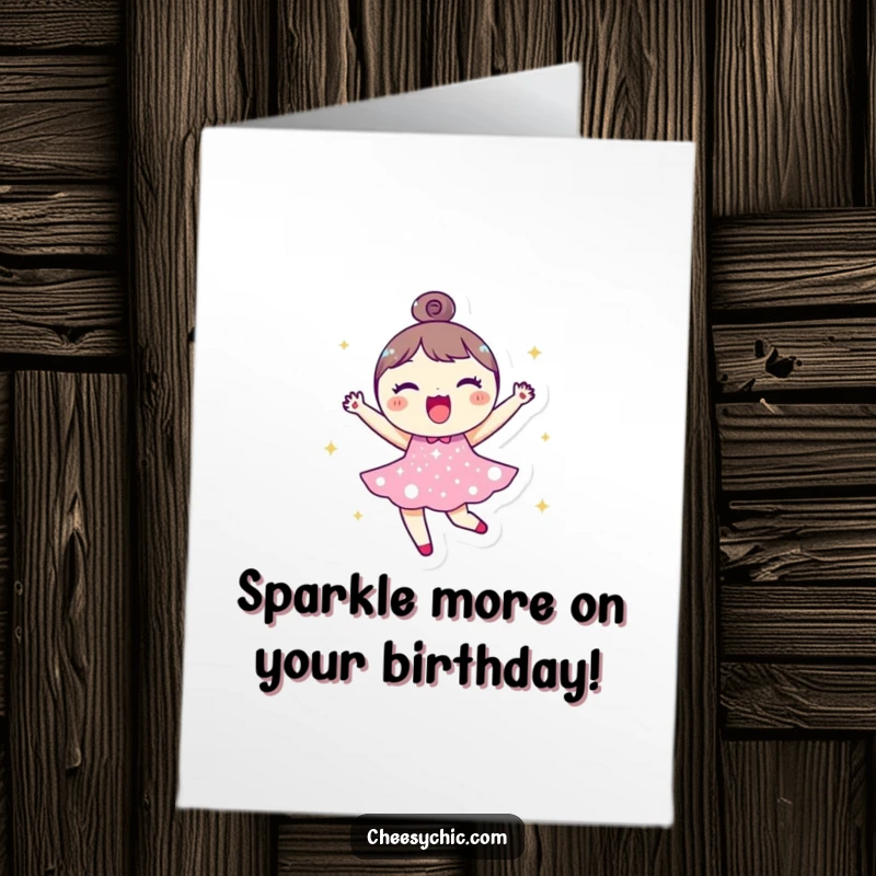 Funny Free Printable Birthday Card: Round Character in Sparkly Dress Bouncing Joyfully, Digital Download