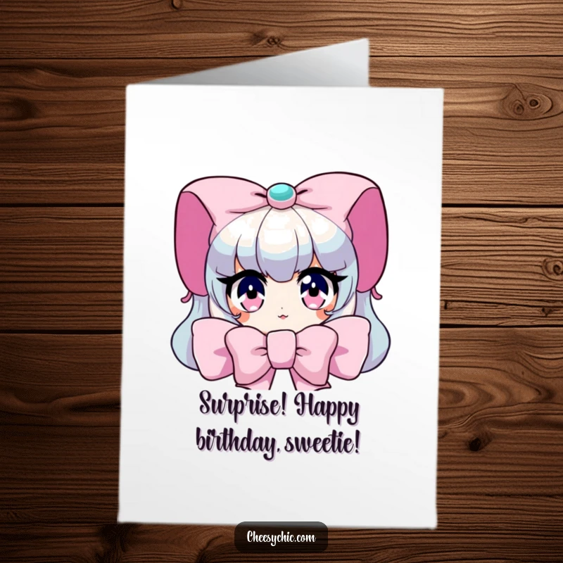 Funny free printable birthday card, a character peeking from behind a huge bow with wide, sparkling eyes.