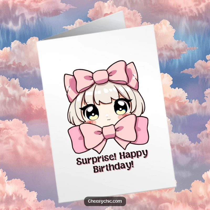 Funny Free Printable Birthday Card: Character peeks from behind a huge glittery bow, eyes wide with playful mischief.