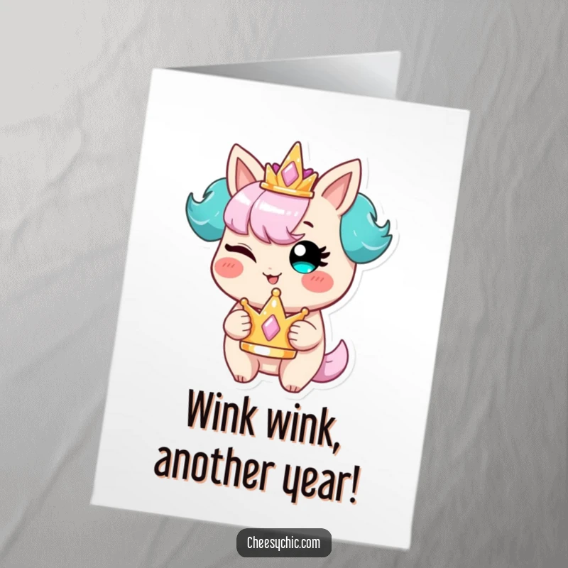 Funny Free Printable Birthday Card: Winking character with a tiny crown, radiating mischief and celebratory joy.