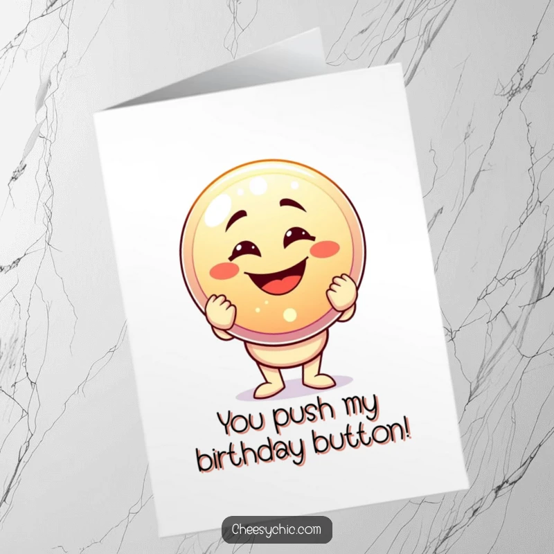 Funny Free Printable Birthday Card: A character grins widely, proudly holding a massive, glittering button.