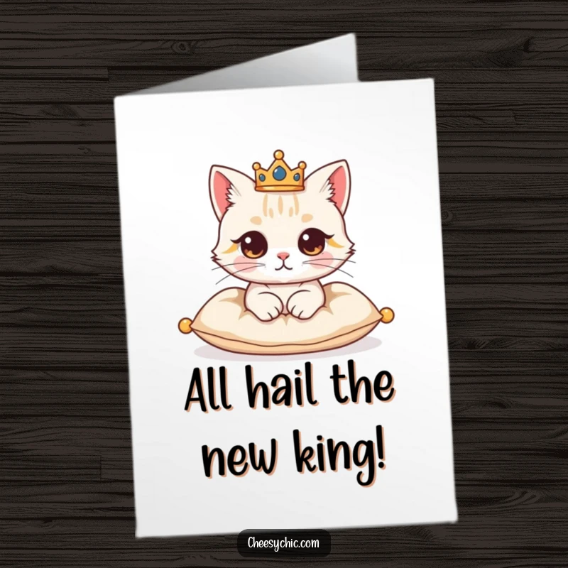 Funny Free Printable Congratulations Card: Cat wearing a crown looks regal on a cushion, signifying a royal victory.