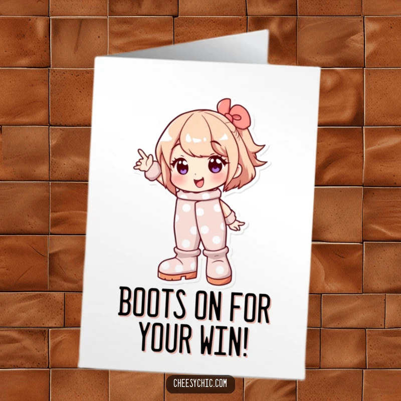 Funny Free Printable Congrats Card: A cheerful character poses happily, sporting comically oversized polka dot boots.
