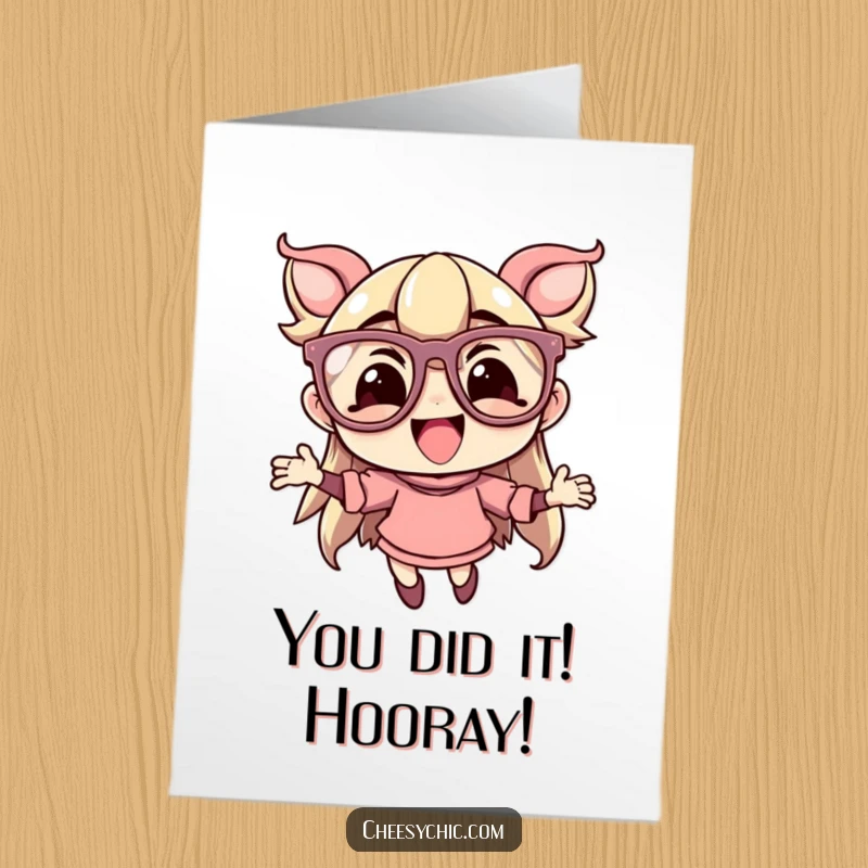 Funny Free Printable Congratulations Card: Character with Huge Flamboyant Glasses Leaping Happily