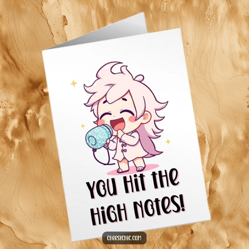 Funny Free Printable Congrats Card: Character triumphantly sings into a massive glitter microphone celebrating an amazing achievement.