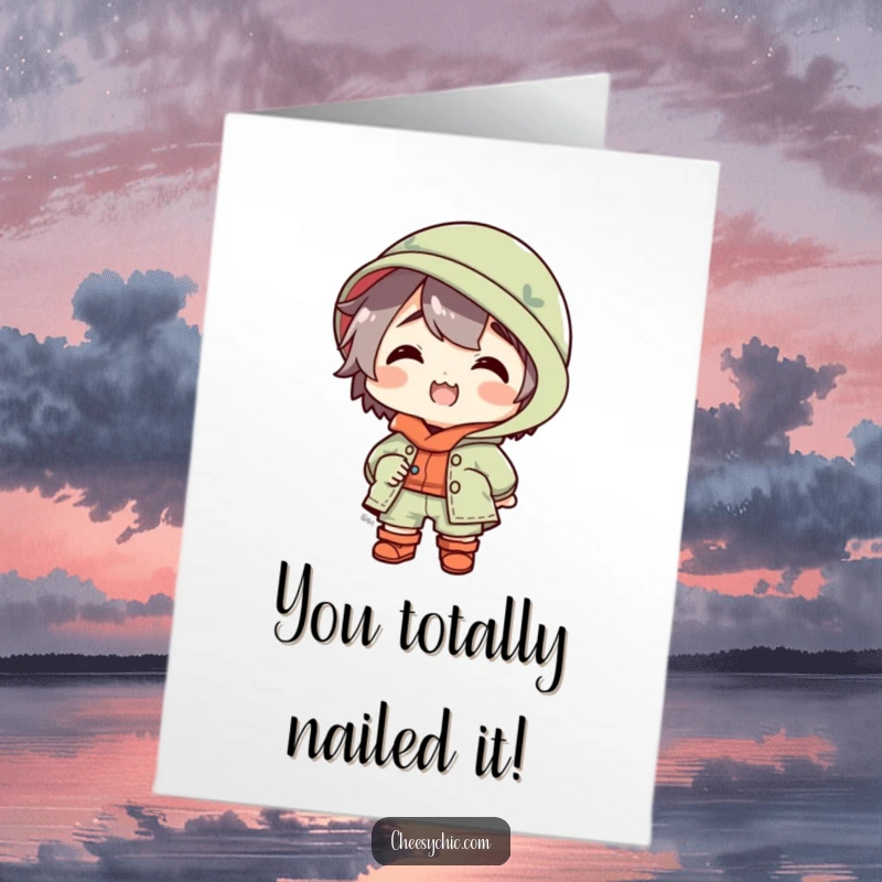 Funny Free Printable Congratulations Card: A character in a delightful, mismatched outfit expresses pure joy, ideal for celebrating success.