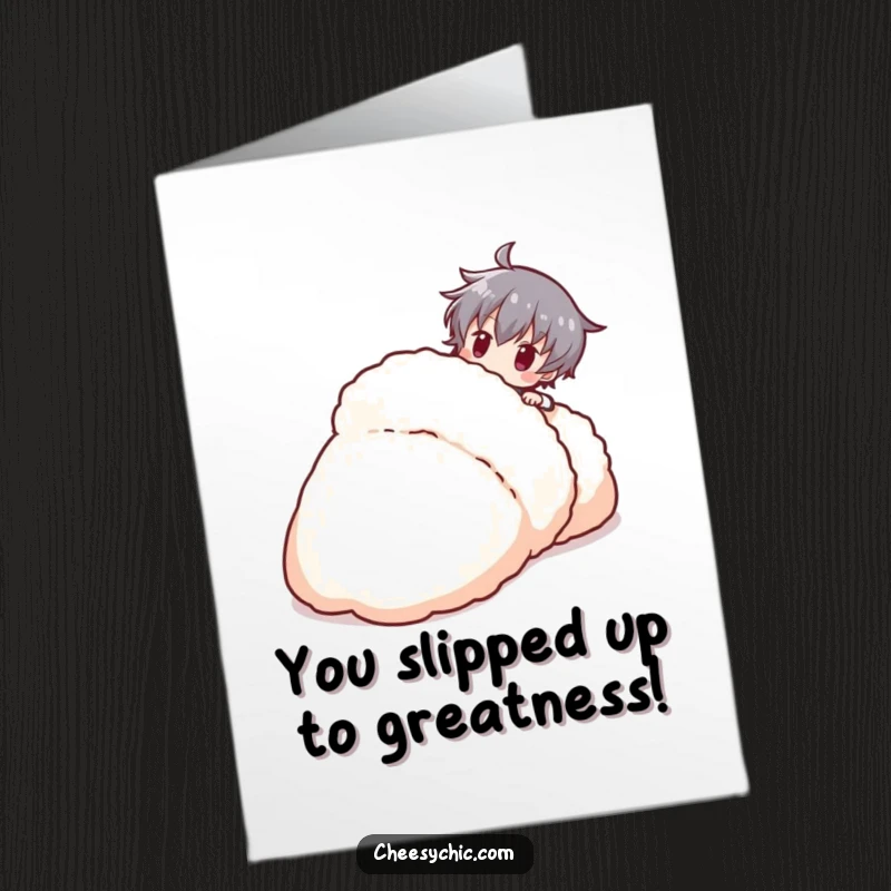 Funny Free Printable Congratulations Card: A character playfully tripping over a large fluffy slipper. A unique downloadable greeting.