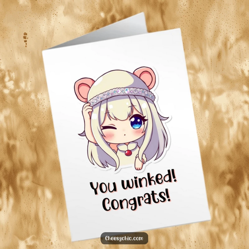 Funny Free Printable Congratulations Card: Character Winking While Adjusting a Tiny Sequined Hat