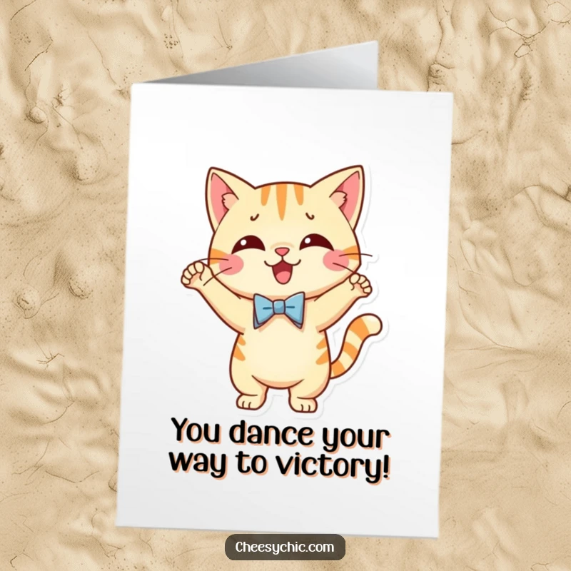 Funny Free Printable Congratulations Card: Cat in a bow tie performs a silly dance, celebrating a happy occasion.