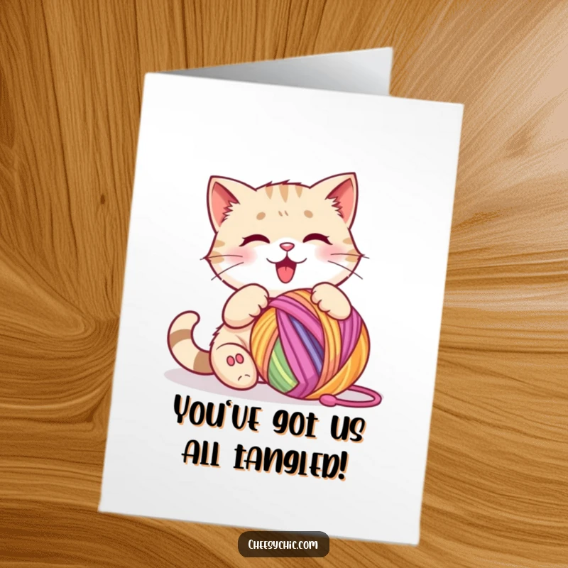 Funny Free Printable Congratulations Card: Cat batting a colorful ball of yarn, celebrating a playful win.
