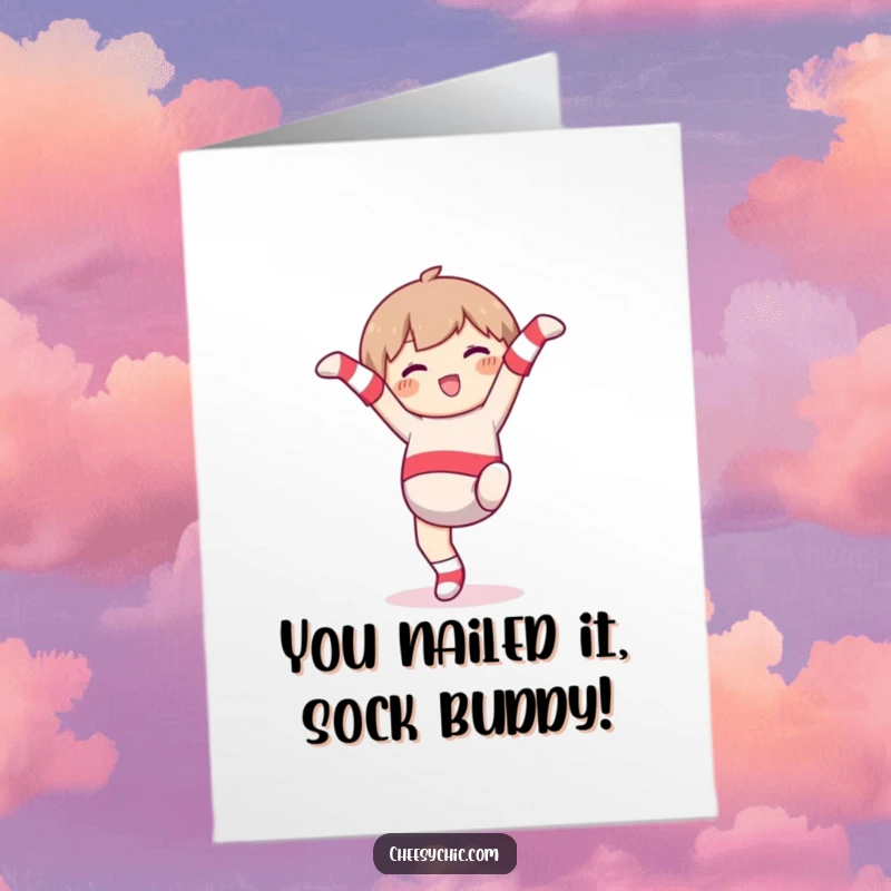 Funny free printable congrats card, character in mismatched socks doing a cartwheel with pure glee.