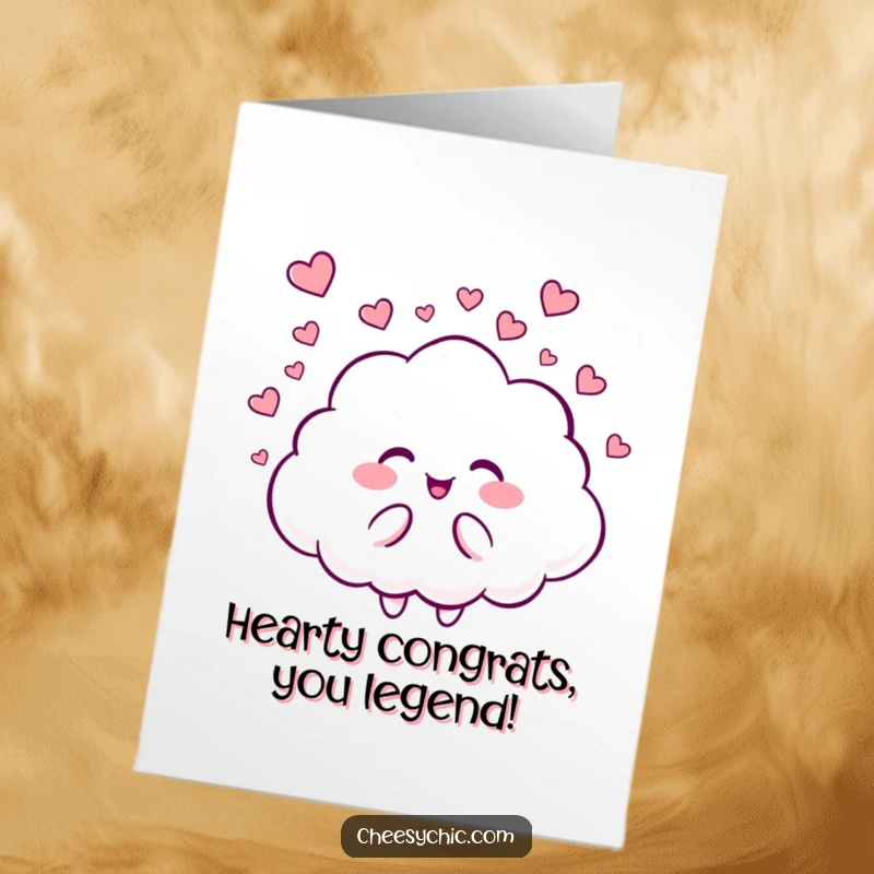 Funny Free Printable Congratulations Card: A giggling cloud character showering tiny hearts, symbolizing joy and celebration for any achievement.