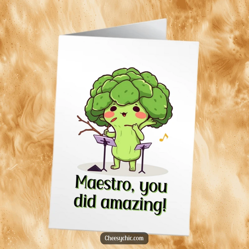 Funny Free Printable Card: A charming broccoli leading an invisible orchestra, celebrating your triumphant success.
