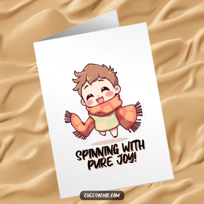 Funny free printable congrats card, a character in a patterned scarf spinning with sheer delight.