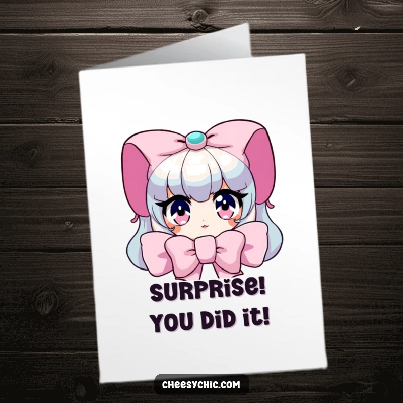 Funny free printable congrats card, character peeking from a giant bow with wide, sparkling eyes.