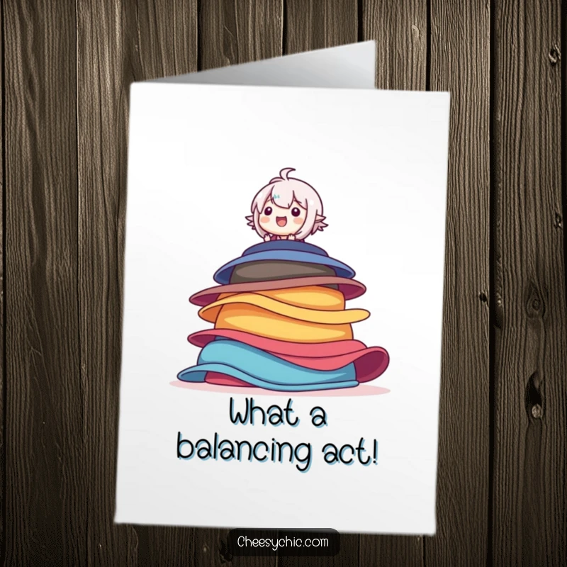 Funny Free Printable Congratulations Card: Character balancing on a stack of colorful hats with a delighted expression.