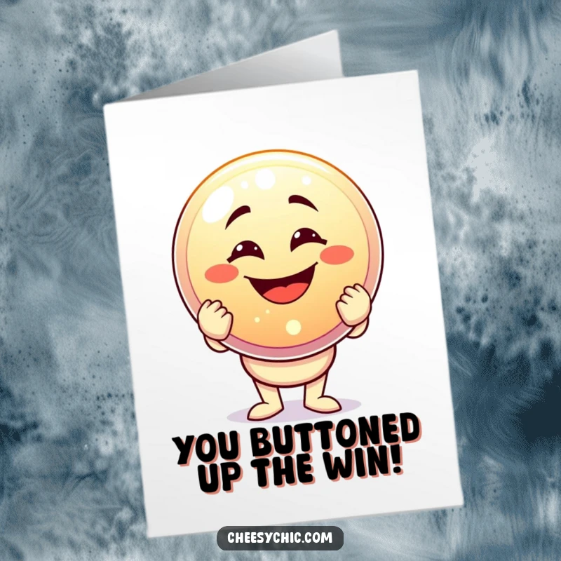 Funny Free Printable Congrats Card: A character beams with a goofy grin, holding an enormous, sparkling button.