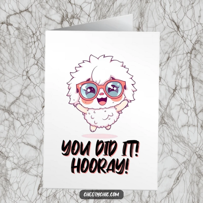 Funny Free Printable Congratulations Card: Fluffy character in oversized sparkly glasses hopping excitedly to celebrate.