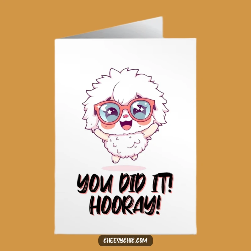 Free Printable Congrats Card: Excited Fluffy Character with Sparkly Glasses - Fun Downloadable