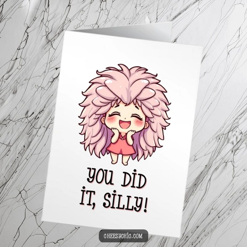 Funny Free Printable Congratulations Card: Giggling character sporting a huge fluffy wig, perfect for celebrating with humor and fun.