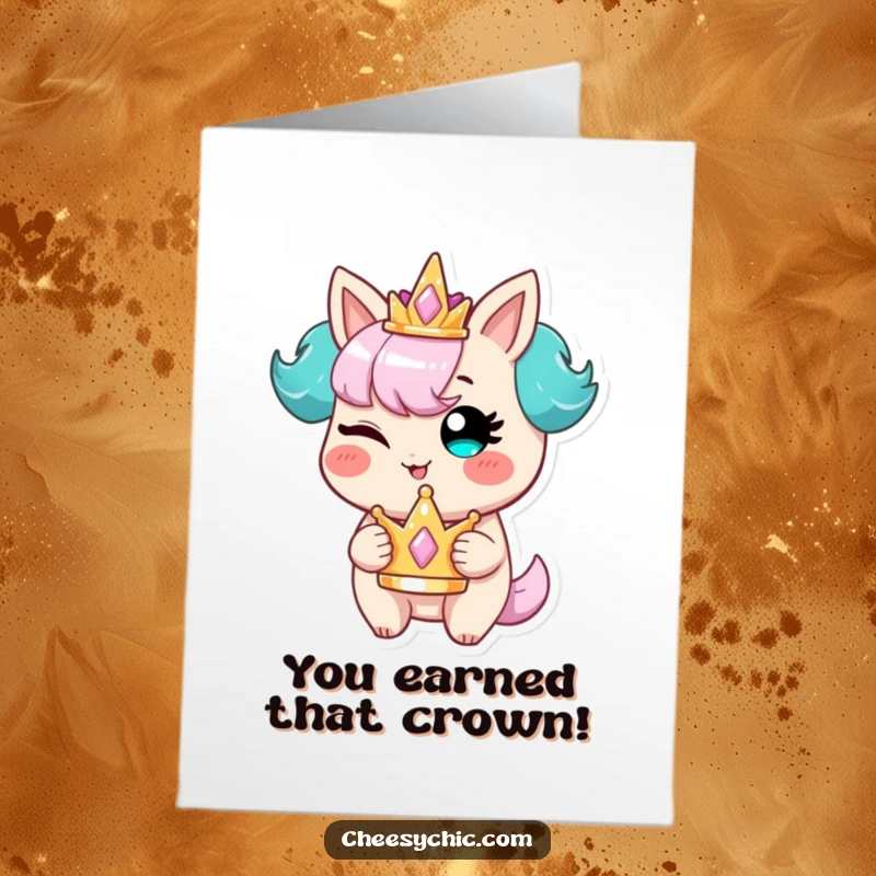 Funny Free Printable Congratulations Card: Winking character holding a small crown, perfect for celebrating achievements with humor.