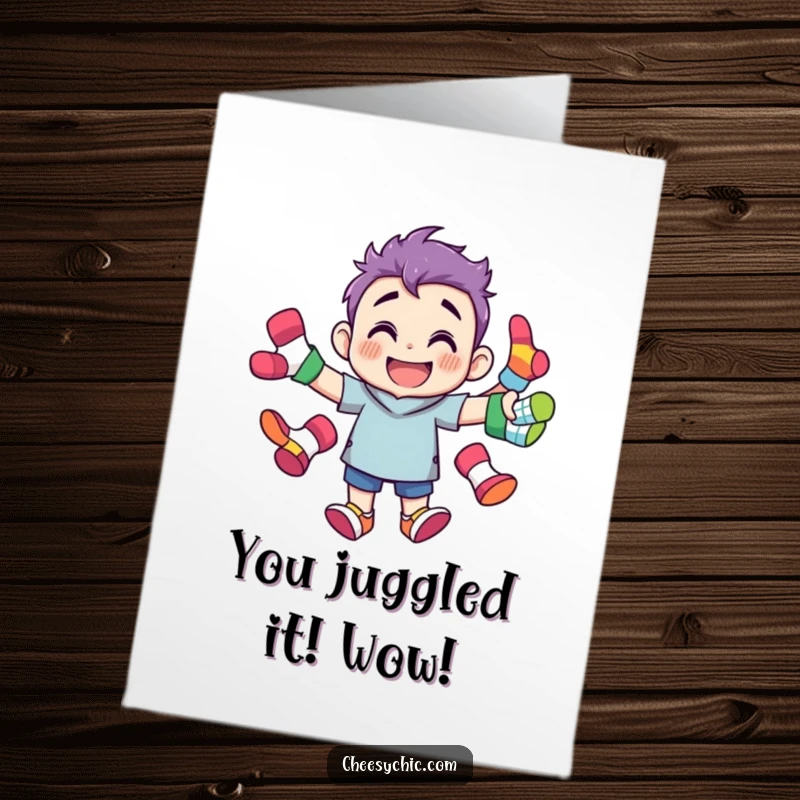 Funny Free Printable Congratulations Card: Character Grinning While Juggling Colorful Mismatched Socks