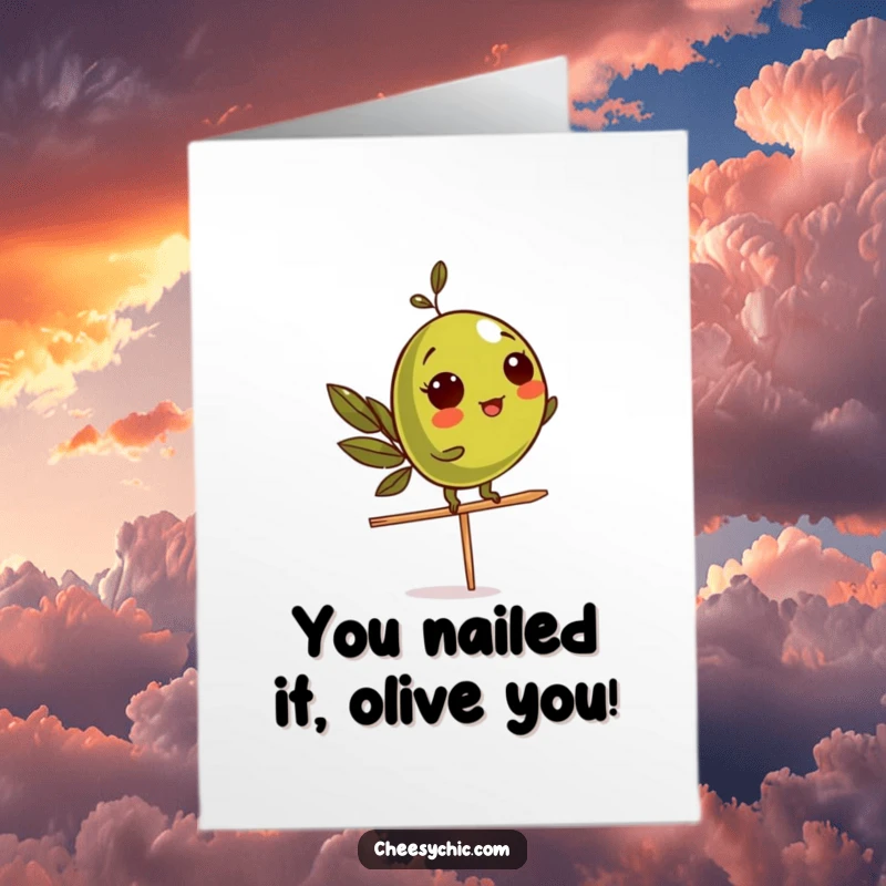 Funny Free Printable Congratulations Card: Amusing olive character impressively balanced on a toothpick, celebrating success.