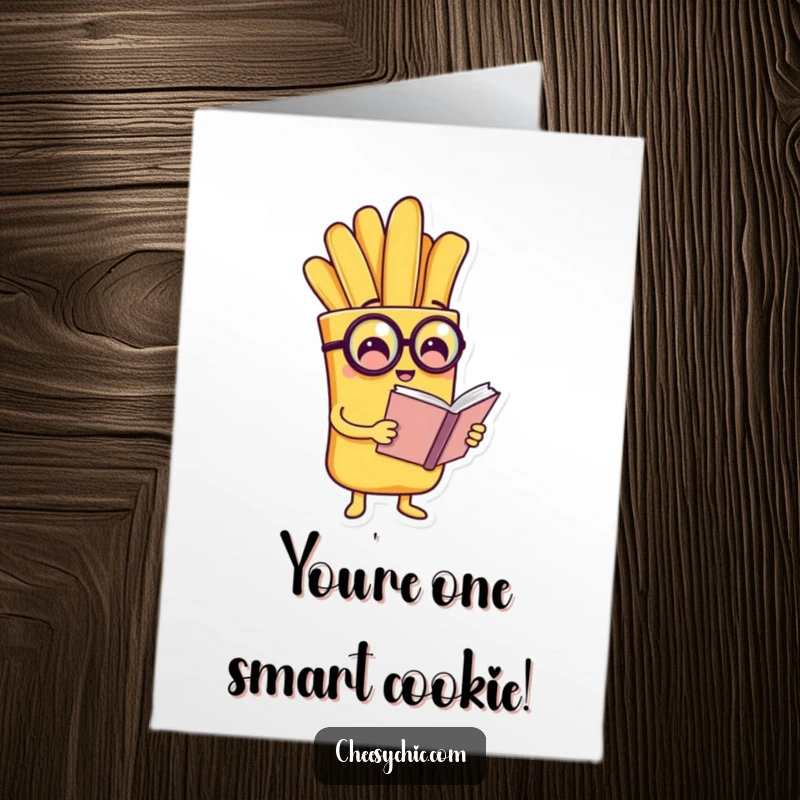 Funny Free Printable Card: A dapper french fry with a monocle reading a tiny book, celebrating your success.