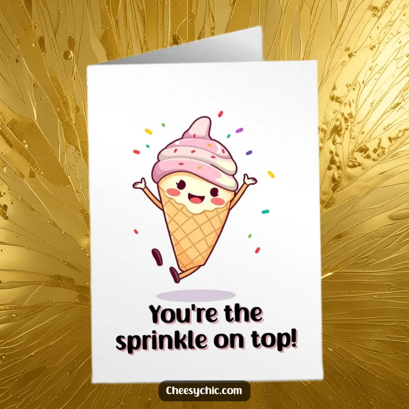 Funny Free Printable Congratulations Card: Smiling ice cream cone performs a cartwheel with sprinkles flying, celebrating achievement.