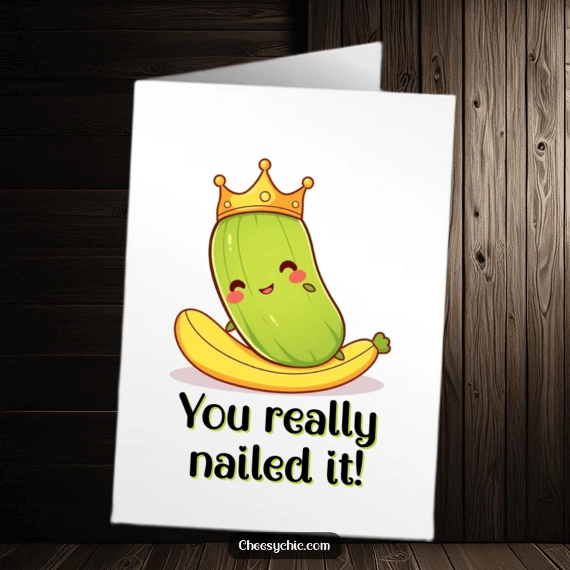 Funny Free Printable Congratulations Card: Cartoon pickle wearing a crown slips comically on a banana peel, celebrating success.